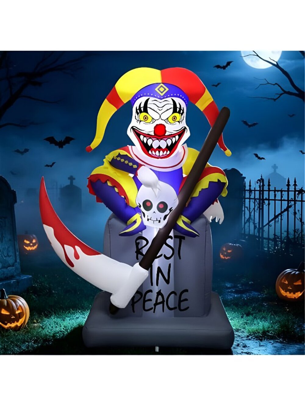 Home 6FT Halloween Inflatable Tombstone with Clown, White LED Lighted